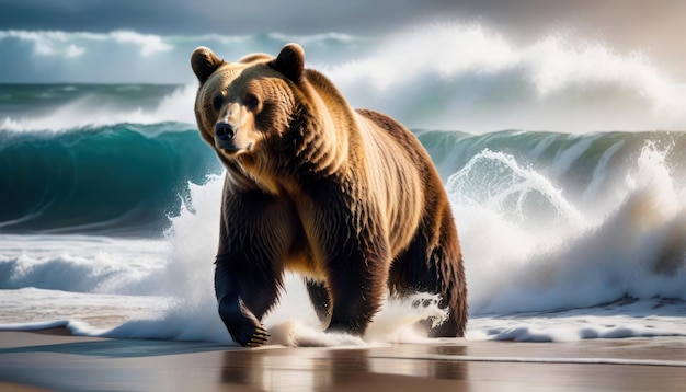 Foto wilde majesteitsbeer te midden van majestueuze oceaangolven op sandy beach