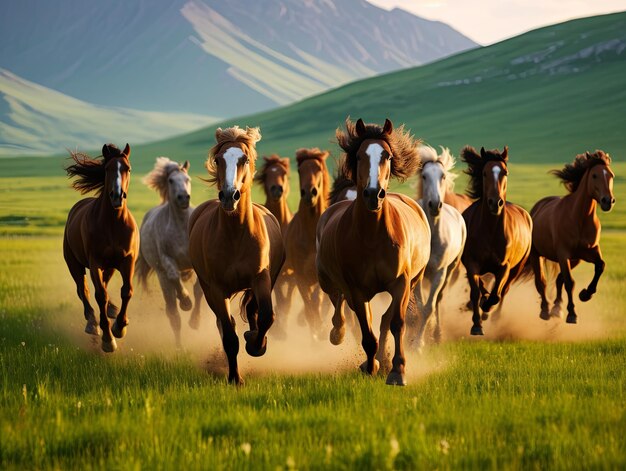 Wilde paarden galopperen over de gouden steppen van Mongolië.