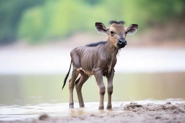 Wildebeest calf isolated from herd in midriver