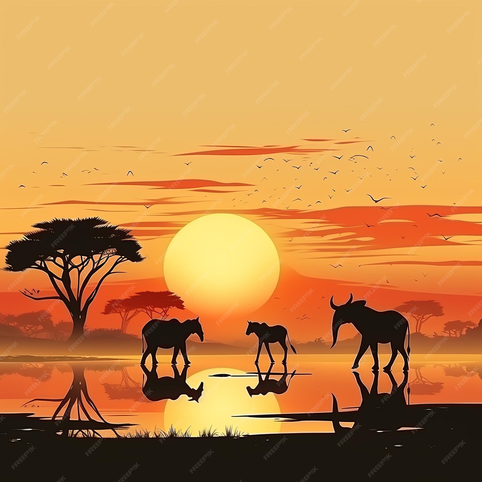 Premium AI Image | wildebeest zebra and giraffe silhouettes at sunset