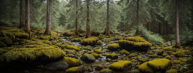 дикий пейзаж лес с соснами и мхом на камнях