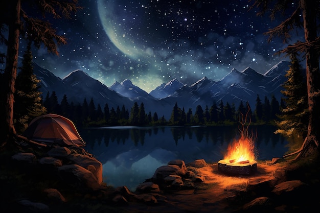 Wilderness serenity campfire beneath starry night