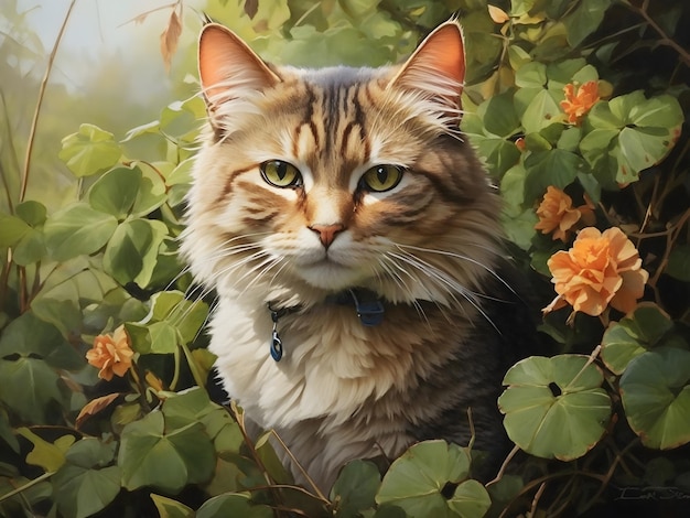 Wilderness Watcher Cat Portrait Amidst the Bushes