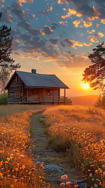 Photo wilderness with a lone wooden cottage at dusk on a slope