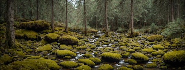 wildernis landschapsbos met pijnbomen en mos op rotsen