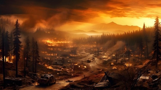 Wildfire Apocalypse Een post-apocalyptisch landschap nadat een natuurbrand het gebied heeft geteisterd Generatieve AI