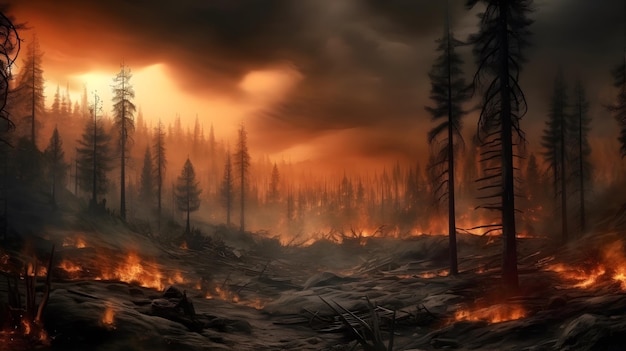 Wildfire Apocalypse Een post-apocalyptisch landschap nadat een natuurbrand het gebied heeft geteisterd Generatieve AI