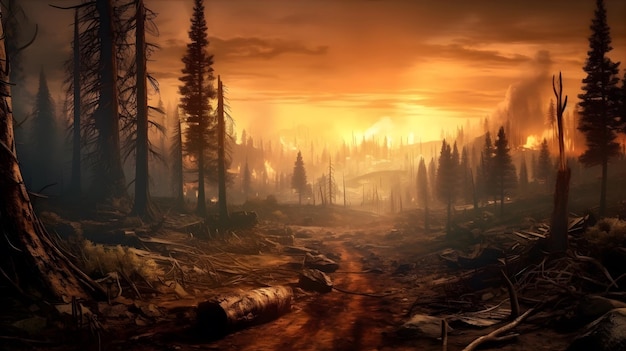 Wildfire Apocalypse A postapocalyptic landscape after a wildfire has ravaged the area Generative AI