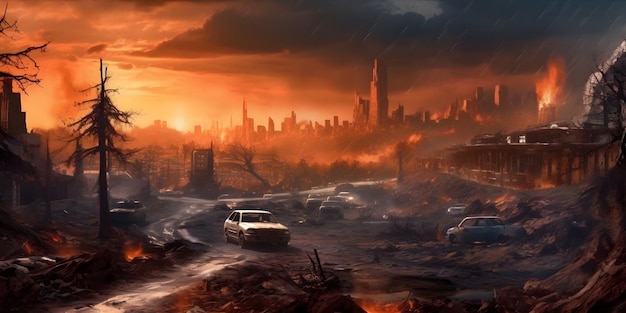 Wildfire Apocalypse A postapocalyptic landscape after a wildfire has ravaged the area Generative AI