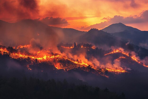 写真 夜に山で燃える野火