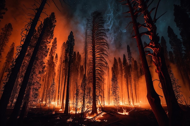 Wildfire burns ground in forest Generative AI