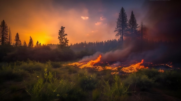 山火事が森の中で燃え尽きる