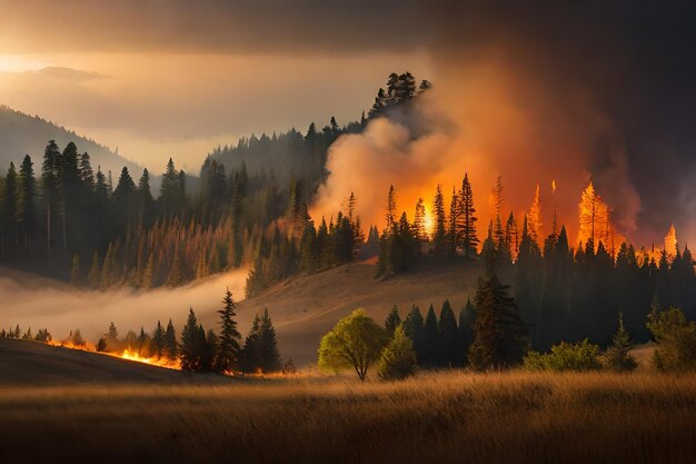 a wildfire burns in a mountain valley.