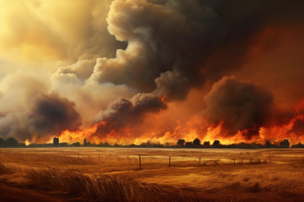 산불이 작물 ⁇ 을 파괴하고 지평선은 극적인 불꽃과 연기 구름으로 조명됩니다. AI 생성 현실적인 일러스트레이션