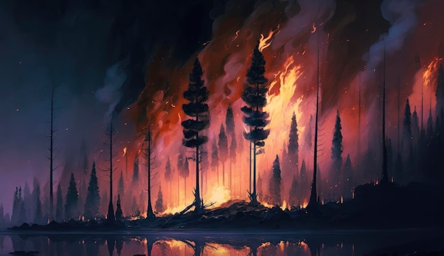 Wildfire forest burning 4k digital painting Illustration of trees that burn Wild flames raging trough the environment Background wallpaper Red flames Generate Ai