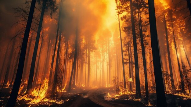 Foto incendio forestale in una vista ravvicinata della foresta con fiamme e fumo