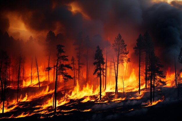 Foto l'incendio della foresta inghiotte i boschi il fuoco si diffonde selvaggiamente