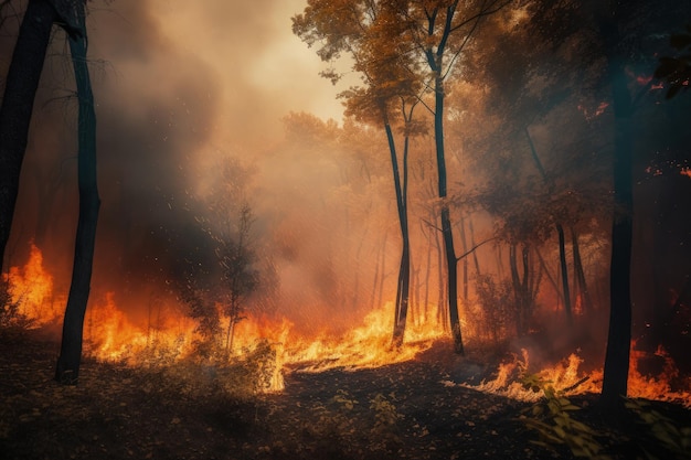연기와 불꽃이 번쩍이는 숲의 산불 정글 현실적인 그림에서 불이 붙은 나무 생태계를 파괴하는 산불 어두운 연기가 있는 위험한 산불 Generative AI