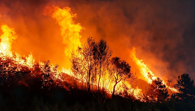 사진 불타는 나무 풍경과 함께 산불을 배경으로 한 산불