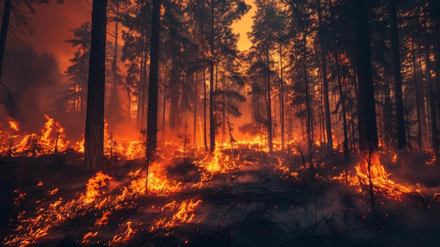 Пожар, бушующий в лесу в результате повышения температуры