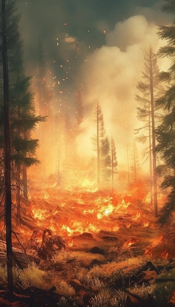 Wildfires rage smoke fills the air flames consume the forest Generative AI