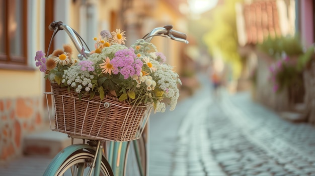 Wildflower Bicycle on Vintage Village Road with Copyspace