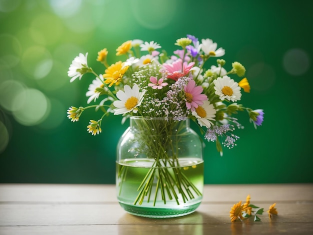 Wildflower Elegance Glass Vase Arrangement Over Green Background