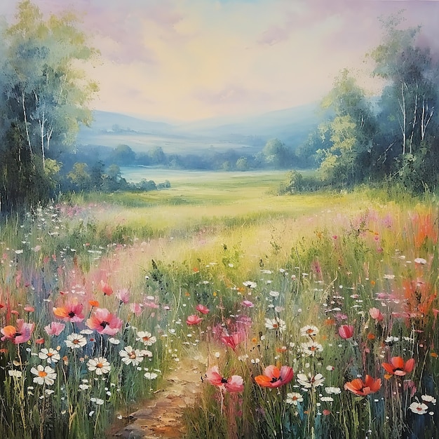 Wildflower Field Landscape Oil Painting