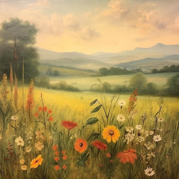 Wildflower Field Landscape Oil Painting