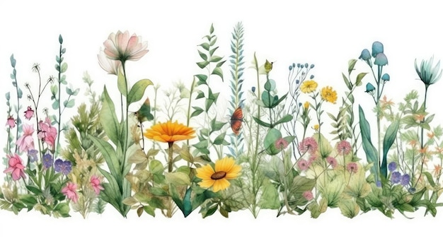 Wildflower and Green Leaves Watercolor Border