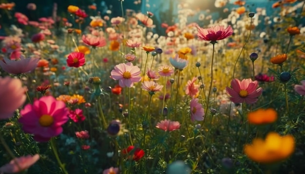 AI によって生成された鮮やかな色とりどりの花のワイルドフラワー草原