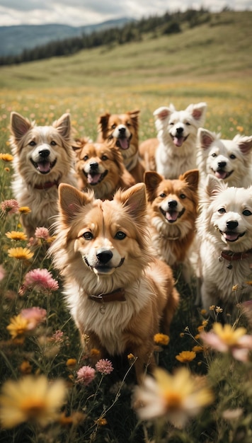 Wildflower Wonderland Cartoon Dogs Delight in Nature's Beauty
