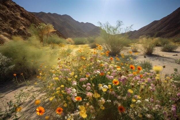 Wildflowers blooming in oasis among desert hills created with generative ai