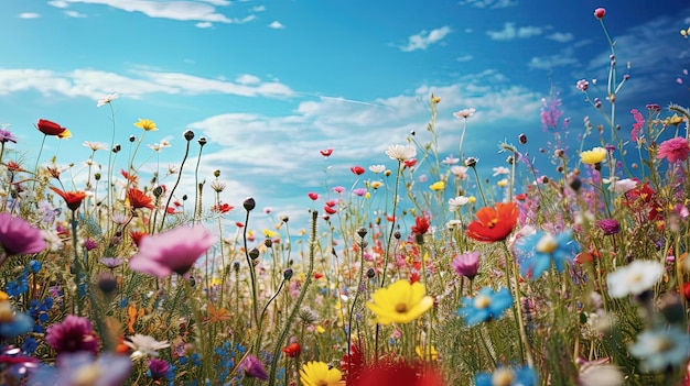 色とりどりの花が ⁇ く青い空の下の畑の野花