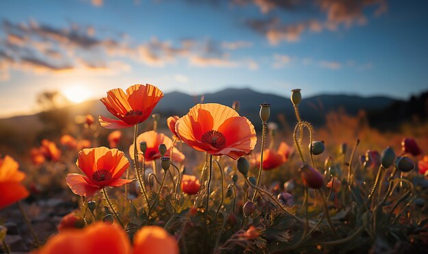 Wildflowers field of poppiesOrange poppy field landscape beautiful landscape at sunset beneath a