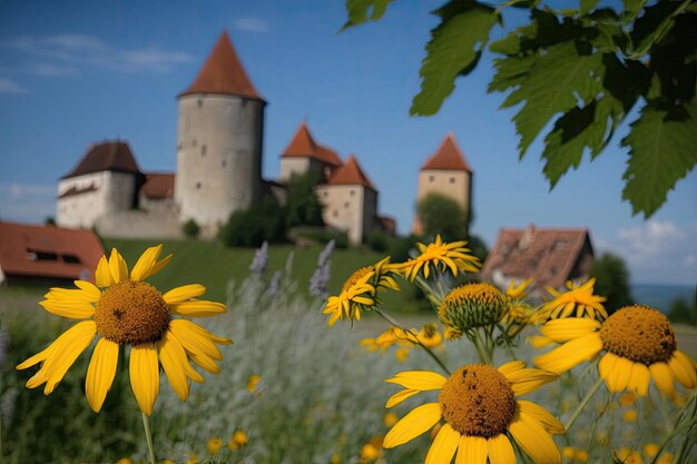 中世の町アヴァンシュの風景を構成するように、前景を埋め尽くす野生の花