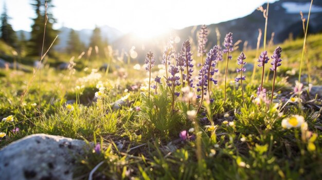 Wildflowers growing in an alpine meadow generative ai