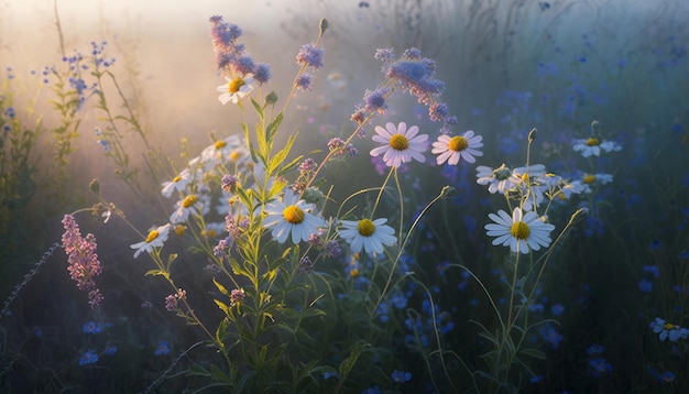 Wildflowers in the meadow at sunrise Summer landscape Generative AI