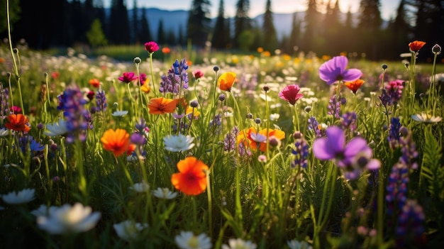 Wildflowers in the meadow at sunset ai