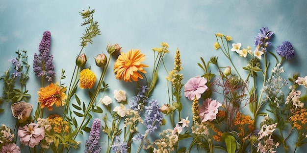 混合色の背景に野生の花