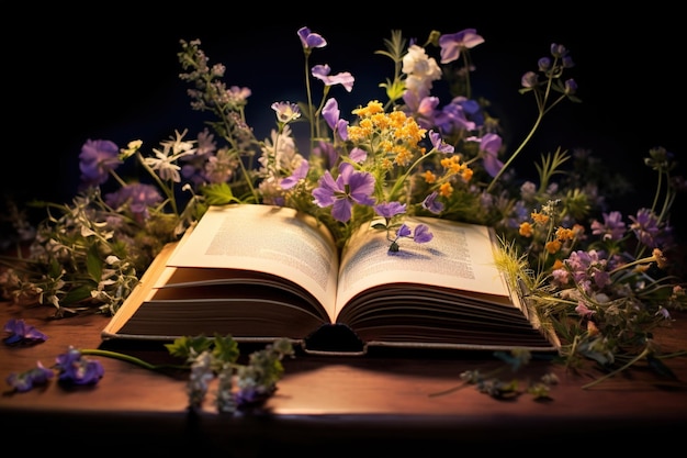 Wildflowers in an open book juxtaposing the romance of nature and literature