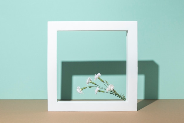 Wildflowers in a square frame, a presentation podium on a turquoise background.