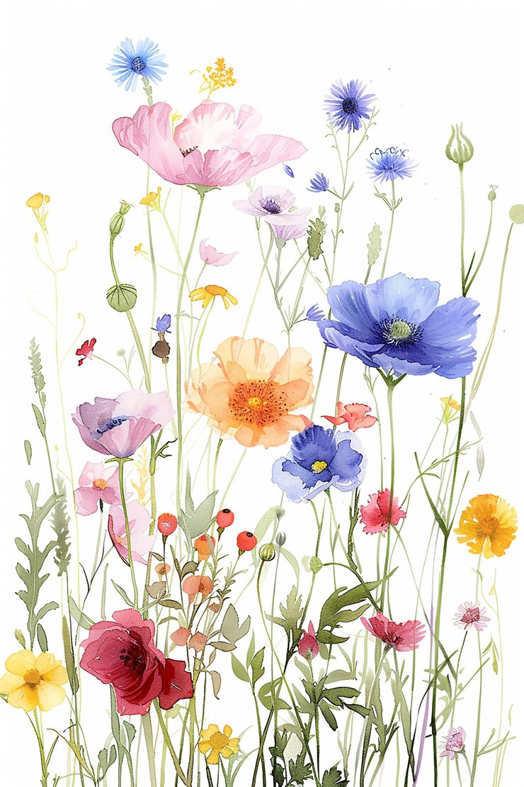 Wildflowers watercolor illustration natural beauty white backdrop