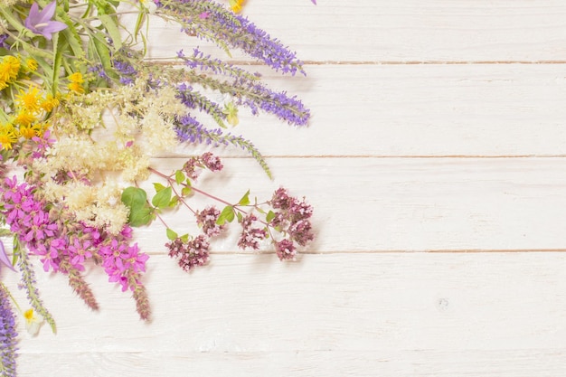 Wildflowers on white wooden background