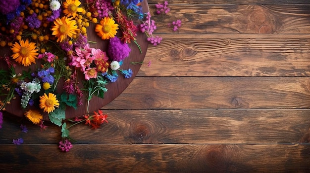 Wildflowers and wooden table background Generative AI