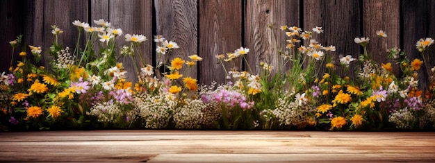 Wildflowers and wooden table background Generative AI