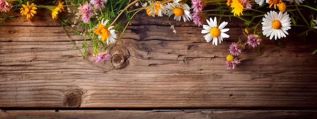 Wildflowers and wooden table background Generative AI