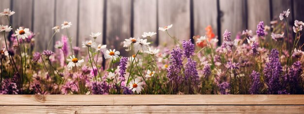 Wildflowers and wooden table background Generative AI