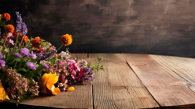 野生の花と木製のテーブルの背景 生成的なAI