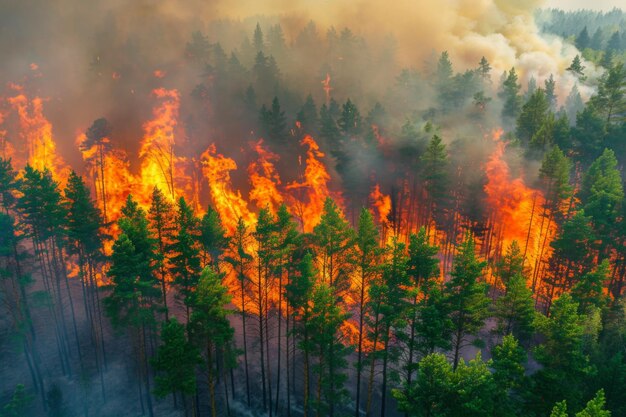 写真 森林火災 森林の木を燃やす 環境災害 煙 ヘリコプターからの空中景色 危険